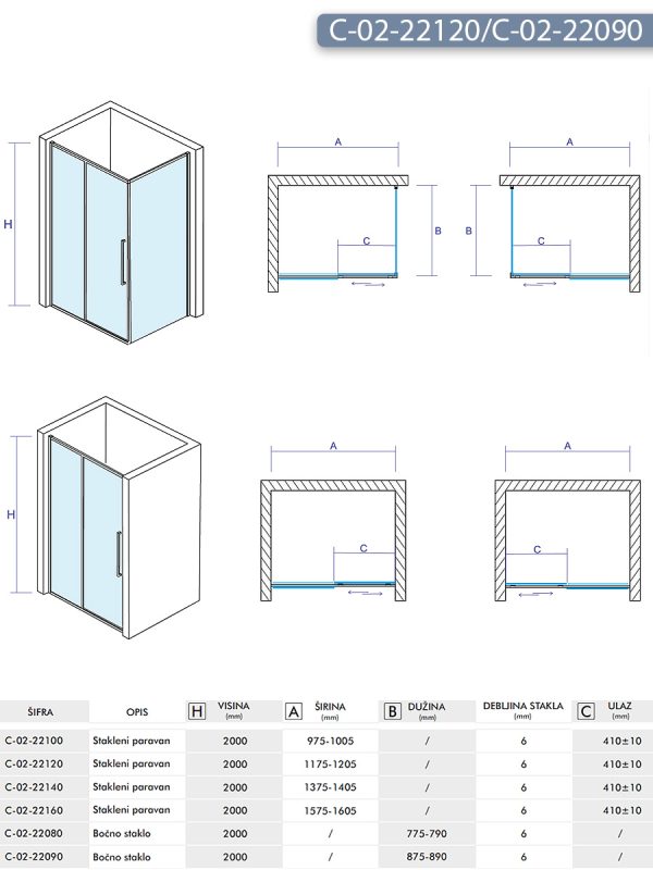 Tuš kabina C-02-22120/C-02-22090 120x90x200cm Concept Devon 2