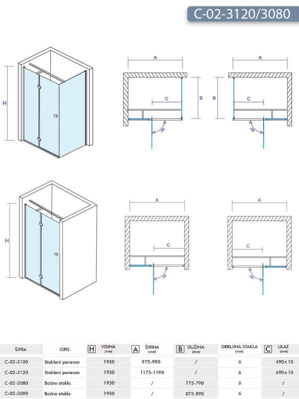 Tuš kabina C-02-3120/3080 120x80x1950cm Concept Fonte 2