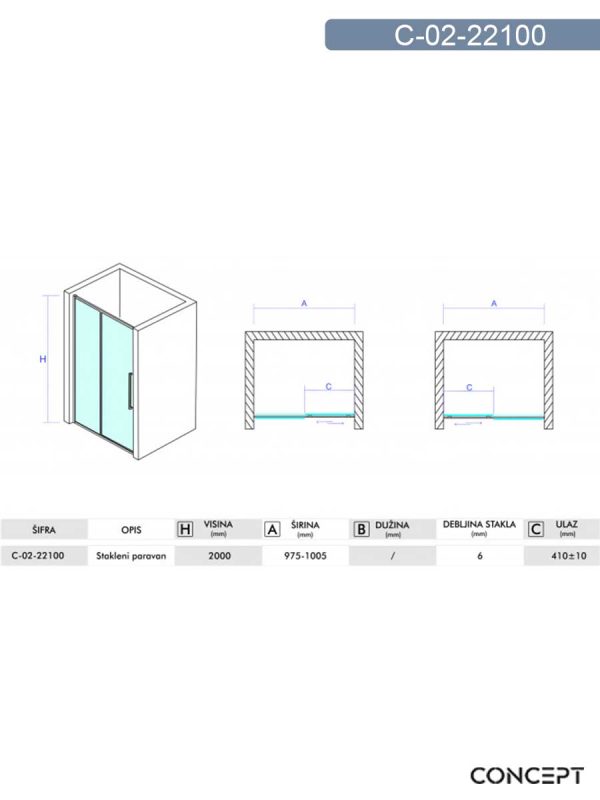 Tuš paravan C-02-22100 Concept 100x200cm-2