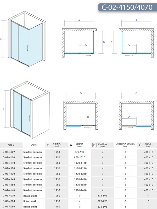 Tuš kabina C-02-4150/4070 150x70x195cm Concept Atlas 2