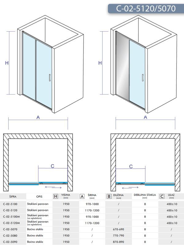 Tuš kabina C-02-5120/5070 120x70x195cm Concept Titan 3