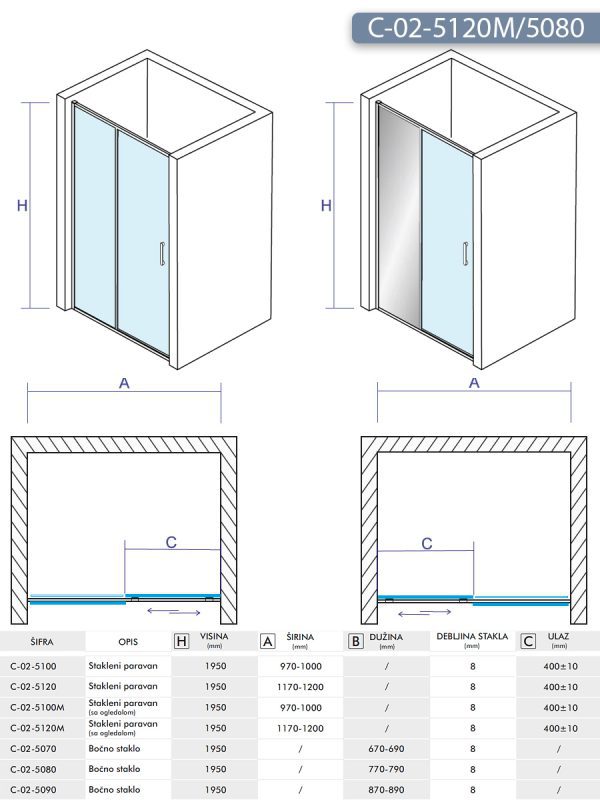Tuš kabina C-02-5120M/5080 120x80x195cm Concept Titan sa ogledalom 3