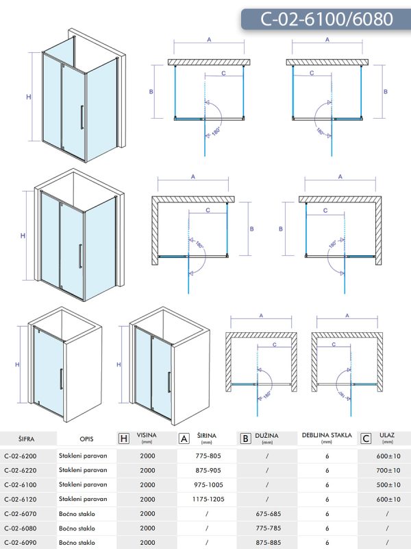 Tuš kabina C-02-6100/6090 100x90x200cm Concept Absolut sa pivot vratima 2