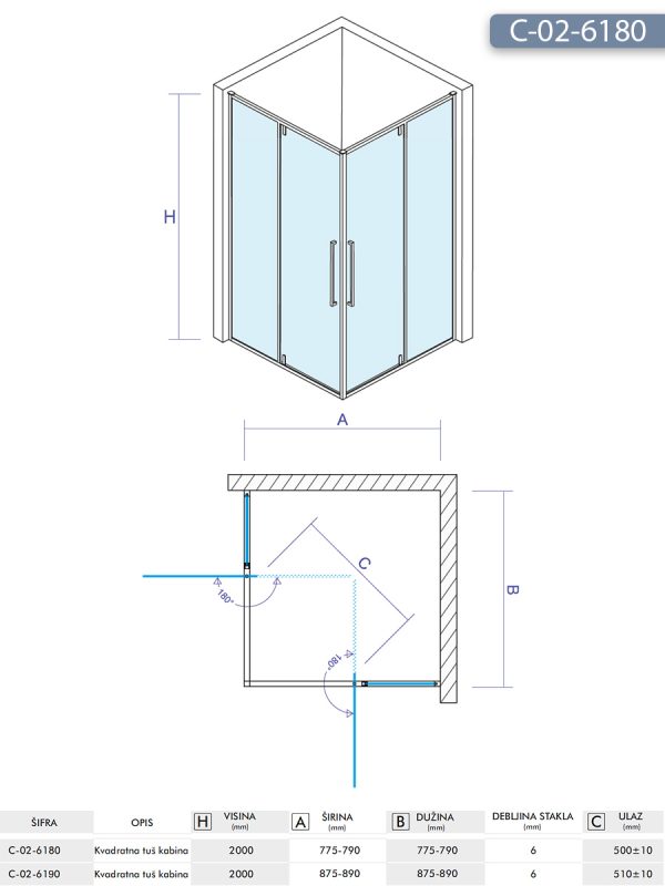 Tuš kabina C-02-6180 80x80x200cm Concept Absolut 2