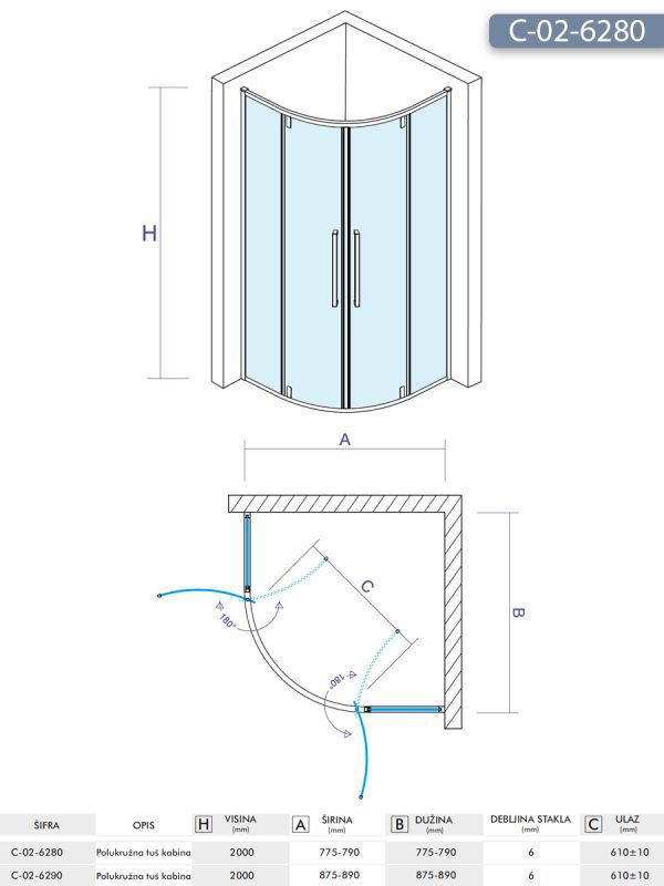 Tuš kabina C-02-6280 R80x200cm Concept Absolut sa pivot vratima 2