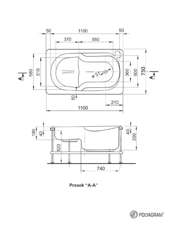 Akrilna kada ugradna 130x70 Triton Polyagram 1