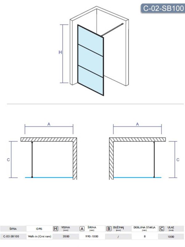 Tuš paravan-stena Monte-black ​Concept 100x200cm-3