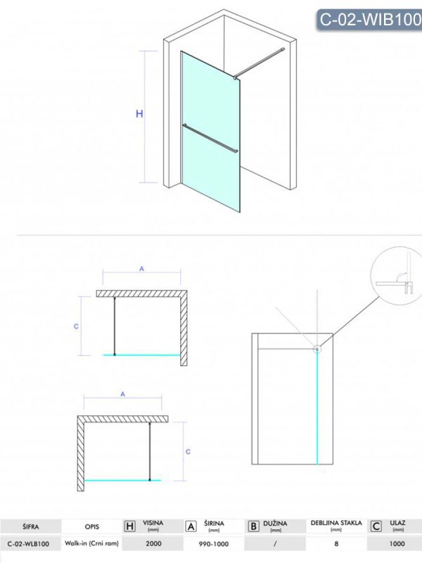 Tuš paravan-stena Monte-plus ​Concept 100x200cm-2
