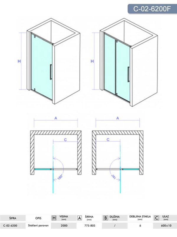 Tuš paravan C-02-6200F Concept Absolut 80x200cm-3