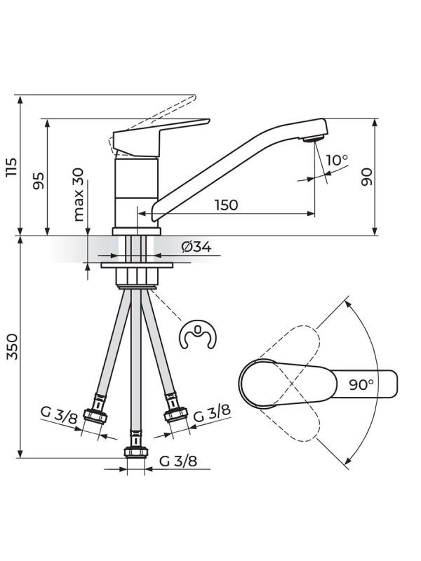 Baterija za sudoperu sa 3 cevi Smart Rosan JA381083 - Slika 2