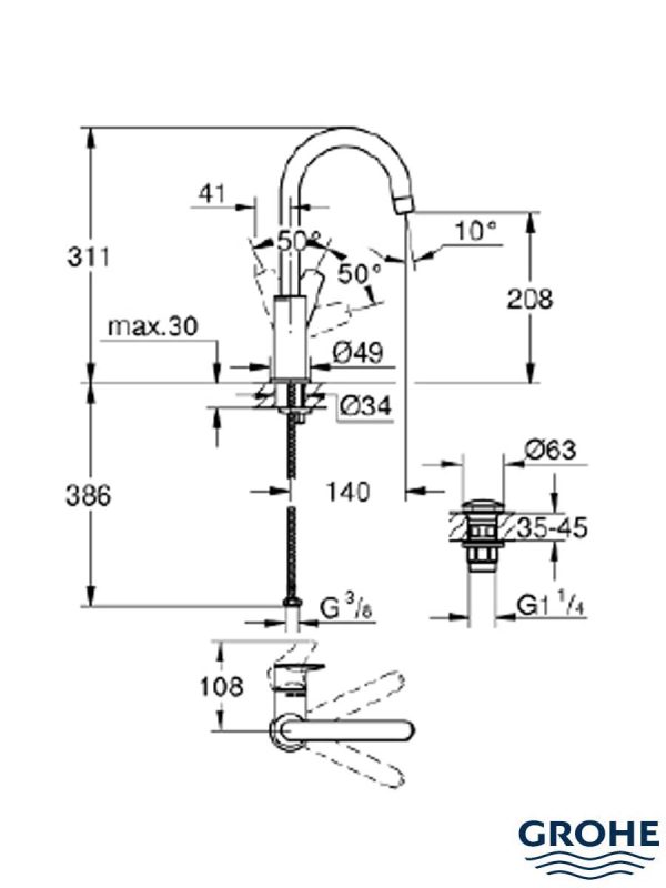 Baterija za lavabo L BauEdge 23911001-4