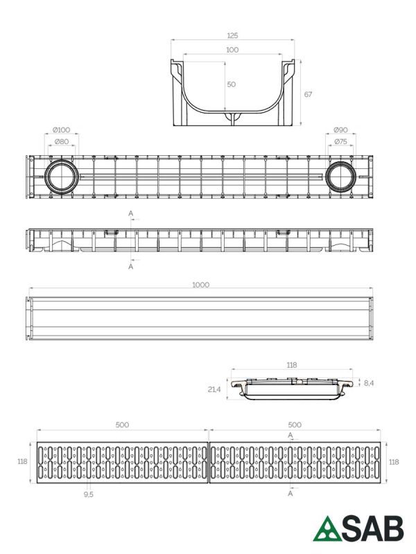 Garažna kanalica SAB 1000x125x50mm plastična rešetka-2