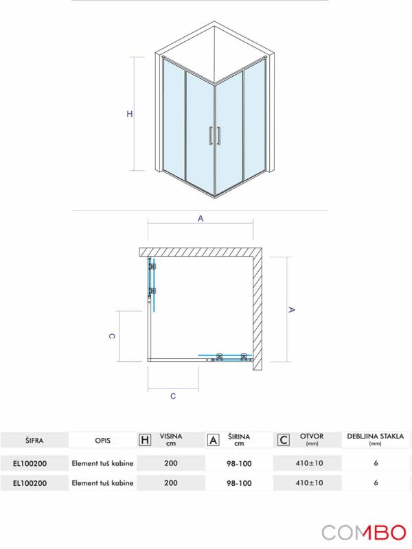 Tuš kabina Quartz Ker 100x100x200cm Elemento-2