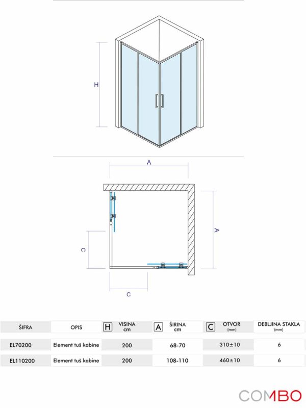 Tuš kabina Quartz Ker 70x110x200cm Elemento-2