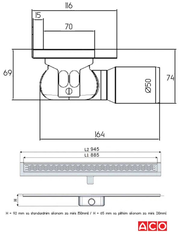 Tuš kanalica sa horizontalnom flanšnom ACO-9010.88.45-2