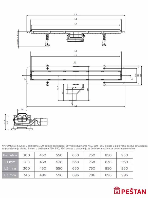 Tuš kanalica Frameless Line belo staklo 850 Peštan-4