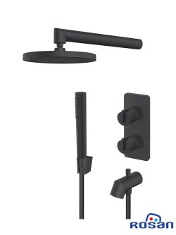 Set Termostatska Ugradna baterija sa izlivom, zidnim i ručnim tušem S3 Black Rosan 331701B